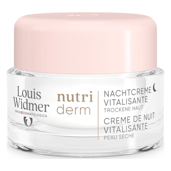 Glasbehälter mit rosa Deckel, enthält Nachtcreme für trockene Haut von Louis Widmer, beschriftet mit "nutri derm".