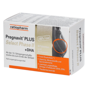 Verpackung von Pregnavit PLUS Select Phase II mit 30 Tabletten und 30 Kapseln, angezeigt mit dem Hinweis auf Folat und DHA.