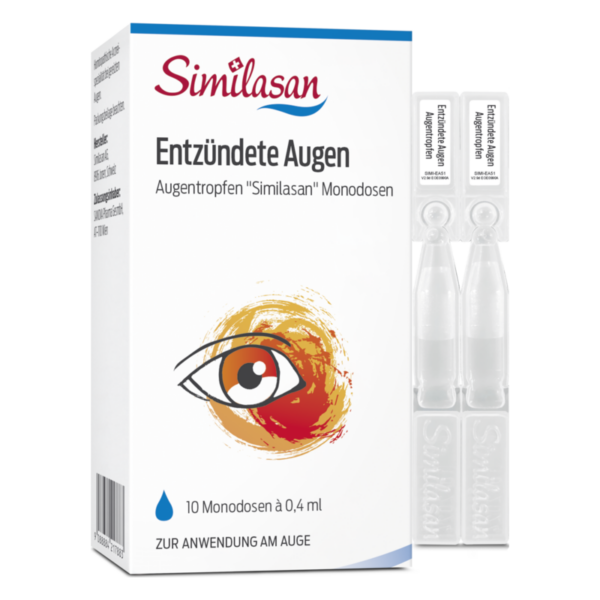 Verpackung von Similasan Augentropfen für entzündete Augen mit Monodosen und Augenillustration.