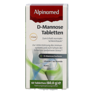 Verpackung von D-Mannose Tabletten für die Unterstützung des Immunsystems und normaler Schleimhäute.