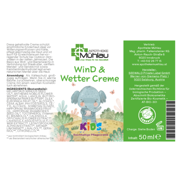 Verpackung der WinD & Wetter Creme für Kinder mit einem Illustrationsmotiv eines Elefanten in der Natur.