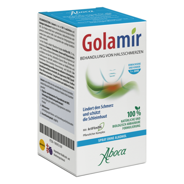 Verpackung von Golamir, einem Spray zur Behandlung von Halsschmerzen, mit Informationen zur Wirkungsweise und Anwendung.
