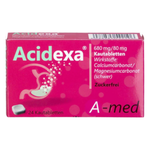 Verpackung von Acididexa Kautabletten in pinkem Design mit Darstellungen der Wirkstoffe und zuckerfreiem Hinweis.