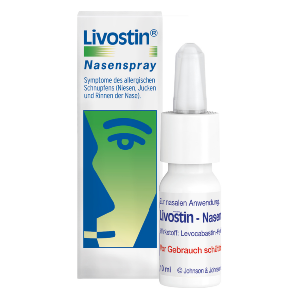 Livostin Nasenspray in einer weißen Flasche mit spritzbarem Applikator und Verpackung mit einem Gesichtssymbol.