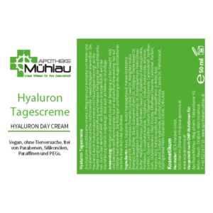 Verpackung einer Hyaluron Tagescreme, vegan und ohne reizende Inhaltsstoffe, mit grüner Hintergrundfarbe.