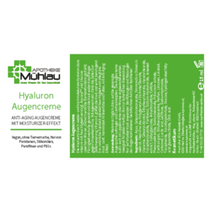 Verpackung einer Anti-Aging Hyaluron-Augencreme in einer grünen Tube mit detaillierten Inhaltsstoffangaben.