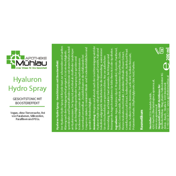 Verpackung des Hyaluron Hydro Sprays von Apotheke Mühlau, vegan, für hydratisierte Haut mit Booster-Effekt.