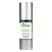 Hyaluron Intensivserum in schlanker, silberner Flasche mit grünem Etikett, vegan und hypoallergen.