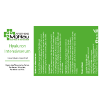 Verpackung des Hyaluron Intensivserums in grüner Farbe, enthält Anwendungshinweise und Inhaltsstoffe, vegan und ohne Parabene.