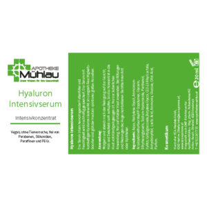 Verpackung des Hyaluron Intensivserums in grüner Farbe, enthält Anwendungshinweise und Inhaltsstoffe, vegan und ohne Parabene.