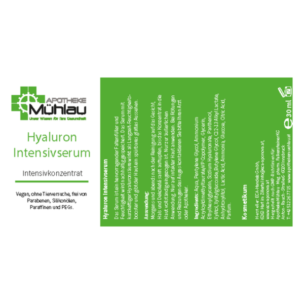 Verpackung des Hyaluron Intensivserums in grüner Farbe, enthält Anwendungshinweise und Inhaltsstoffe, vegan und ohne Parabene.