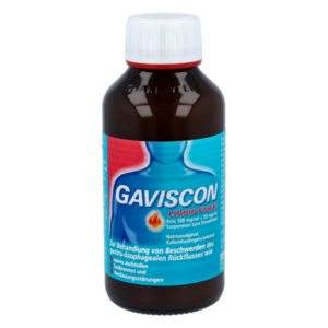 Braune Flasche mit weißem Schraubverschluss, enthält Gaviscon Liquid Forte gegen Sodbrennen.
