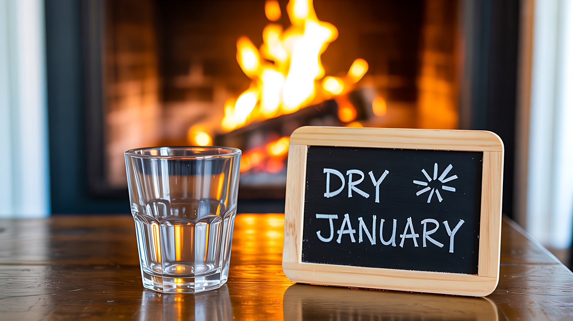 dry january.jpeg Ein Glas Wasser steht neben einer Tafel mit der Aufschrift 'DRY JANUARY' vor einem Kaminfeuer.