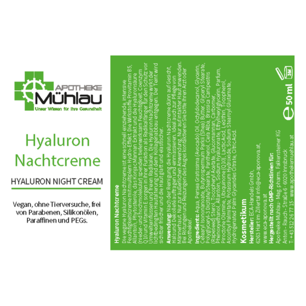 Verpackung der Hyaluron Nachtcreme, vegan und ohne Parabene, Silikone oder Tierversuche.