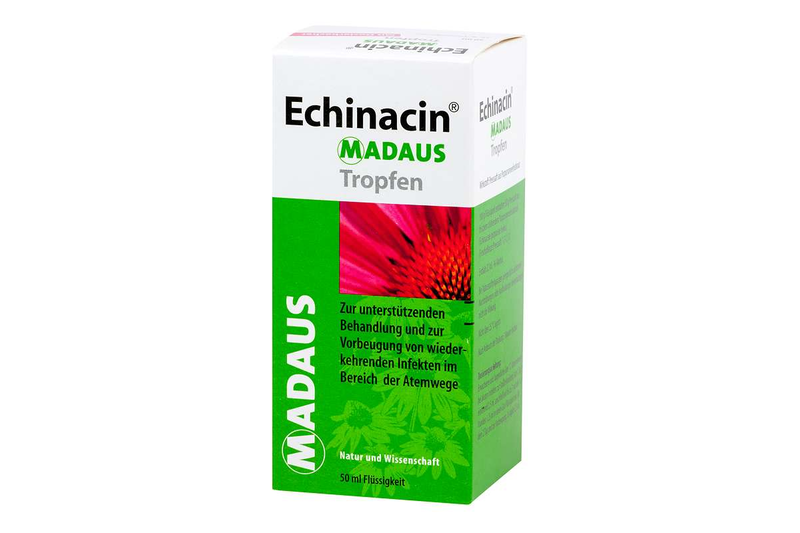 Echinacin Madaus Tropfen 50ml.png Packung von Echinacin Madaus Tropfen mit grüner und weißer Gestaltung für Atemwegserkrankungen.