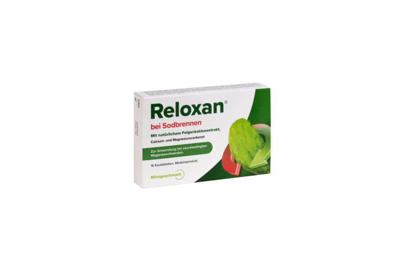 reloxan kautabletten 16stk.png Packung Reloxan bei Sodbrennen mit Feigenkaktusextrakt, Calcium und Magnesiumcarbonat, 16 Kautabletten.