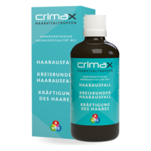Braune Flasche mit Haarvitaltropfen von Crimax, umgeben von hellblauer Umverpackung, betont Haarwuchs und Haarstärkung.