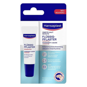Verpackung von Hansaplast Flüssig-Pflaster mit Anwendungsdetails und Eigenschaften auf blauer Hintergrund.
