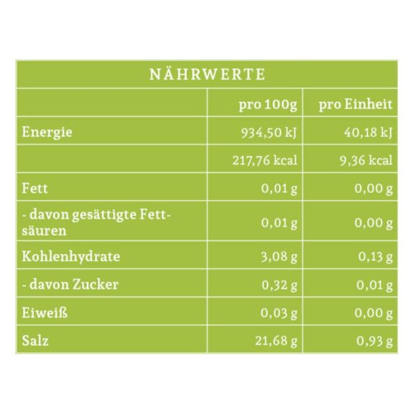 Tabelle mit Nährwertangaben pro 100g und pro Einheit, in grüner Schrift auf hellgrünem Hintergrund.