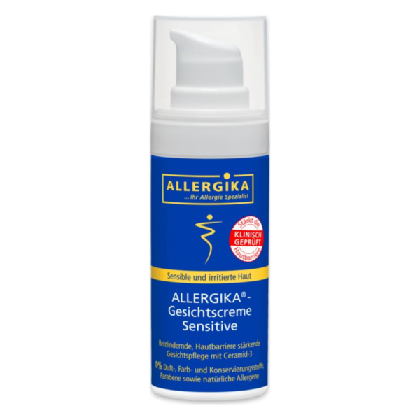 Allergika Gesichtscreme Sensitive in Pumpflasche für sensible und irritierte Haut, mit Ceramid-3, klinisch geprüft.