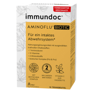 Verpackung von immundoc Aminoflu Biotic, einem Nahrungsergänzungsmittel mit Vitaminen und Mineralstoffen für das Immunsystem.