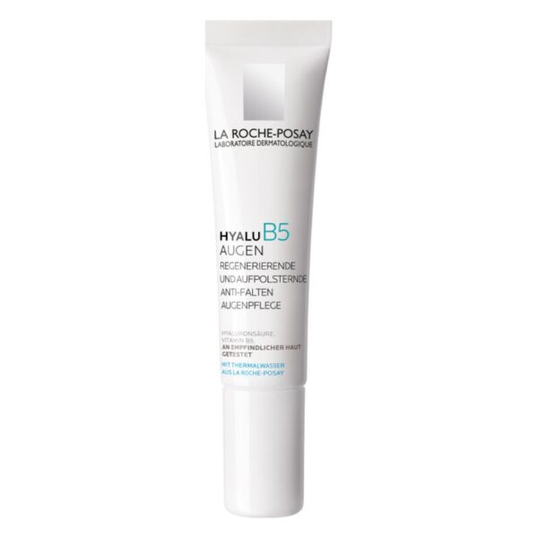 Tube mit Anti-Falten Augenpflege von La Roche-Posay, enthält Hyaluronsäure und Vitamin B5, für empfindliche Haut.