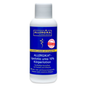 Flasche Allergika Lipolotio Urea 10%, Körperlotion für trockene, juckende Haut, dermatologisch getestet.