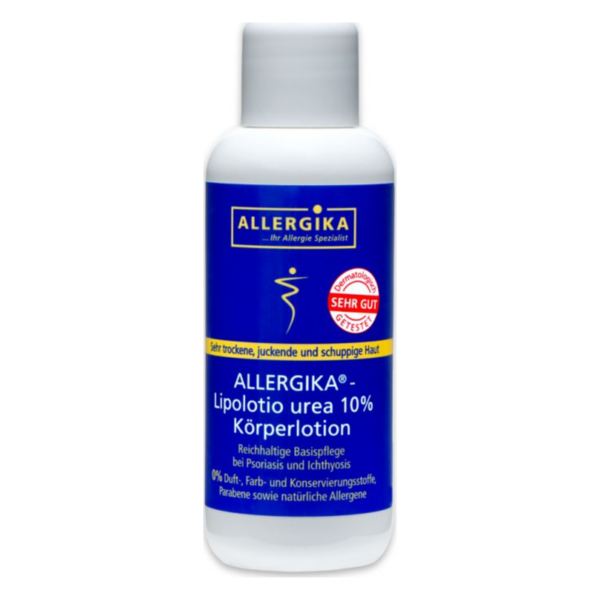 Flasche Allergika Lipolotio Urea 10%, Körperlotion für trockene, juckende Haut, dermatologisch getestet.