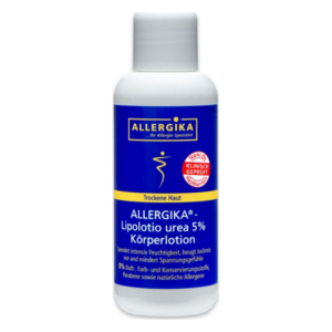Flasche mit ALLERGIKA Lipolotion 5% Urea für trockene Haut, wirkt feuchtigkeitsspendend und juckreizlindernd.