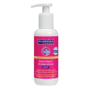 Flasche Dermifant Kinderlotion von Allergika, rosa-weiße Verpackung, mit Pumpkopf, gegen Neurodermitis und trockene Haut.