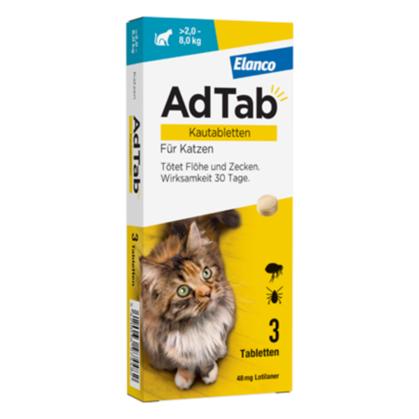 Verpackung von Elanco AdTab Kautabletten für Katzen, die Flöhe und Zecken bekämpfen, mit einer abgebildeten Katze und Dosierungsinformation.