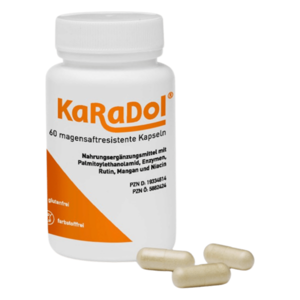 Weißer Kunststoffbehälter mit orangefarbenem Etikett, enthält magensaftresistente Kapseln und eine Beschreibung der Inhaltsstoffe.