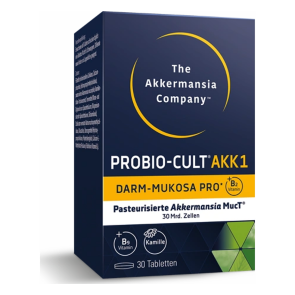 Packung mit probiotischen Tabletten von Akkermansia, betont Darmgesundheit und enthält Vitamine B2 und B9.