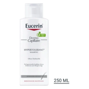 Flasche Eucerin Dermo Capillaire Hypertolerant Shampoo, 250 ml, für empfindliche Kopfhaut, ohne Duftstoffe.