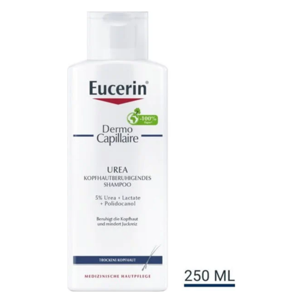 Weißer Shampoo-Flasche mit rot-blauer Beschriftung, enthält 5% Urea und ist für trockene Kopfhaut.