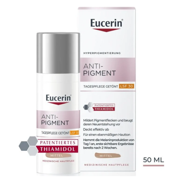 Eucerin Anti-Pigment Tagespflege mit LSF 30, zur Minderung von Pigmentflecken, 50 ml Flasche mit Verpackung.