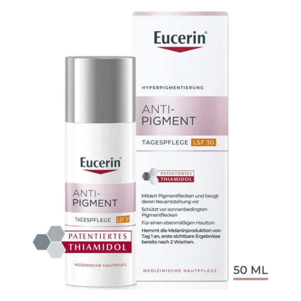 Eucerin Anti-Pigment Tagespflege LSF 30 in einer Flasche mit einem Pumpspender, zusammen mit einer Verpackung.