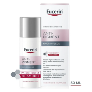Eucerin Anti-Pigment Nachtpflege in einer weißen Flasche mit silbernem Deckel und passenden Verpackungskarton, 50 ml.