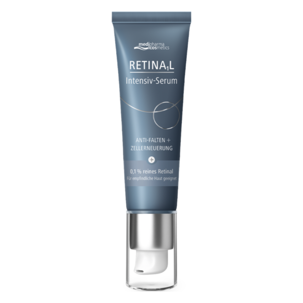 Retinal Intensiv-Serum in blauer Tube mit Pumpverschluss, für Hauterneuerung und Anti-Falten-Effekt.