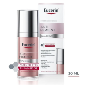 Eucerin Anti-Pigment Dual Serum in Glasflasche mit silbernem Pumpverschluss, verpackt in einer kartonierten Schachtel.