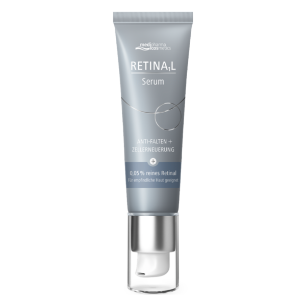 Silberne Tube mit Drehverschluss, Inhalt: RETINÁL Serum, Anti-Falten- und Zellerneuerungsformel mit 0,05% reinem Retinal.