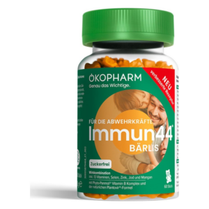 Transparente Flasche mit orangefarbenen Bärchenvitaminen namens Immun44 von ÖKOPHARM, zielgerichtet zur Unterstützung der Abwehrkräfte.