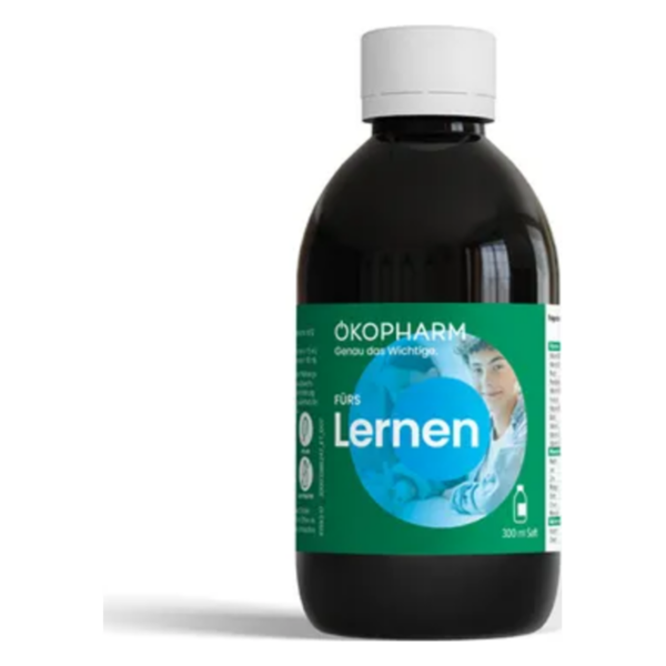 Dunkle Flasche mit weißem Deckel, etikettiert mit "ÖKOPHARM FÜR'S Lernen", 300 ml Inhalt.