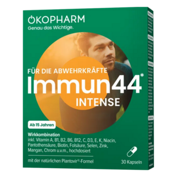Verpackung von Immun44 Intense von OKOPHARM, mit Walterackern auf grünem Hintergrund und orangefarbenem Element.