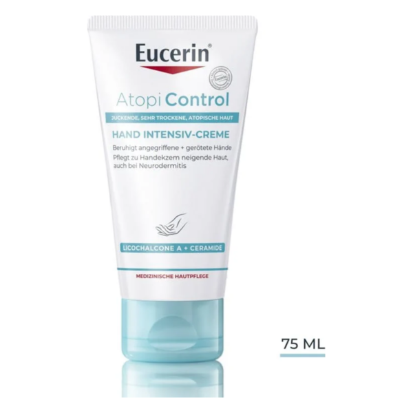 Eucerin Atopi Control Hand Intensiv-Creme in einer weißen Tube mit blauen Akzenten. Für sehr trockene Haut geeignet.