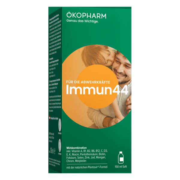 Verpackung von Immun44, einem Saft zur Stärkung der Abwehrkräfte, mit grüner und orangefarbener Gestaltung.