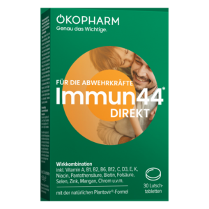 Verpackung des Produkts "Immun44 Direkt" von Okopharm mit Informationen zur Wirkstoffkombination und Anwendung.