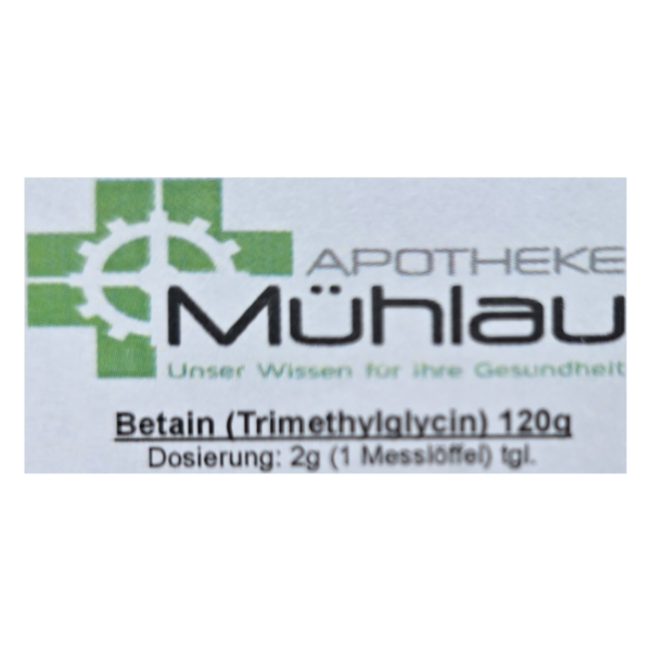 Verpackung eines Betain-Präparats von der Apotheke Mühlau mit Dosierungsangabe.