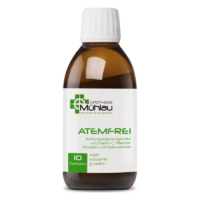 Braune Flasche mit weißem Deckel, beschriftet mit "ATEMFREI" und Informationen über Nährstoffe und Portionen.