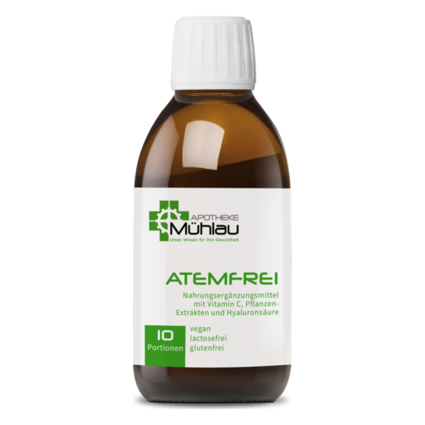Braune Flasche mit weißem Deckel, beschriftet mit "ATEMFREI" und Informationen über Nährstoffe und Portionen.